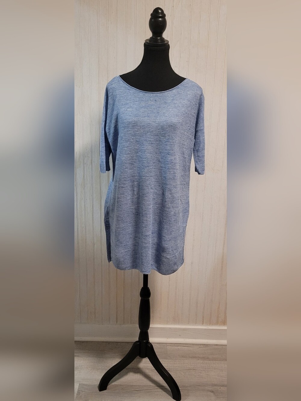 Eileen Fisher Chambray Blue 100% Linen Knit Boatneck Sweater Top XS